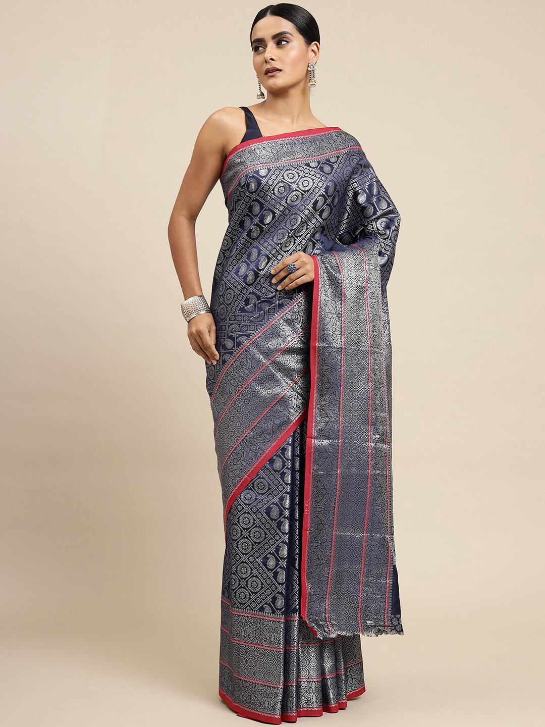 

Angroop Ethnic Motifs Woven Design Zari Detailed Banarasi Saree, Navy blue