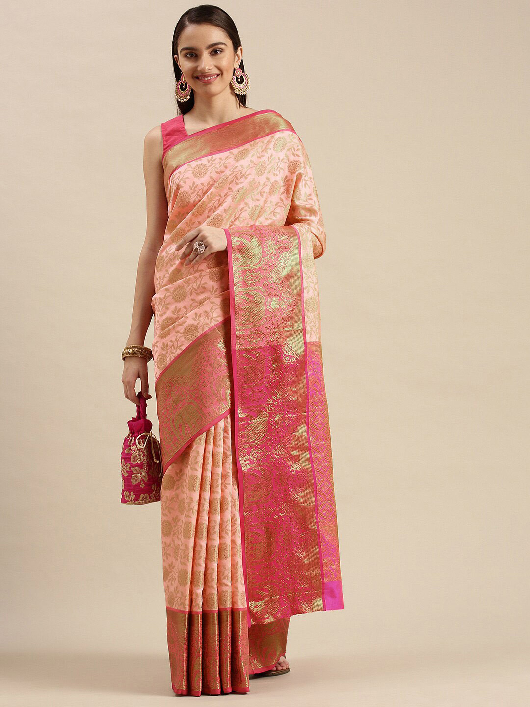 

Angroop Ethnic Motifs Woven Design Zari Detailed Banarasi Saree, Peach