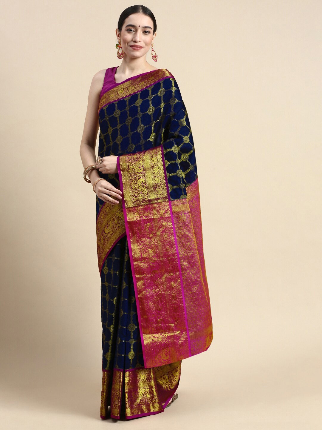 

Angroop Ethnic Motifs Woven Design Zari Detailed Banarasi Saree, Navy blue