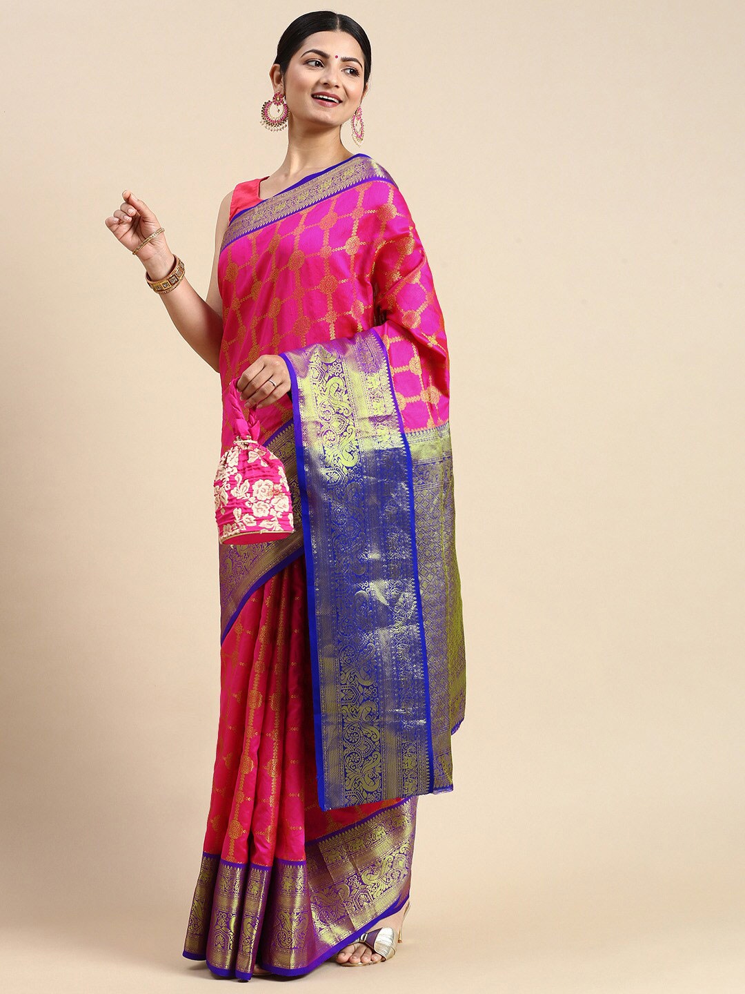 

Angroop Ethnic Motifs Woven Design Zari Detailed Banarasi Saree, Pink