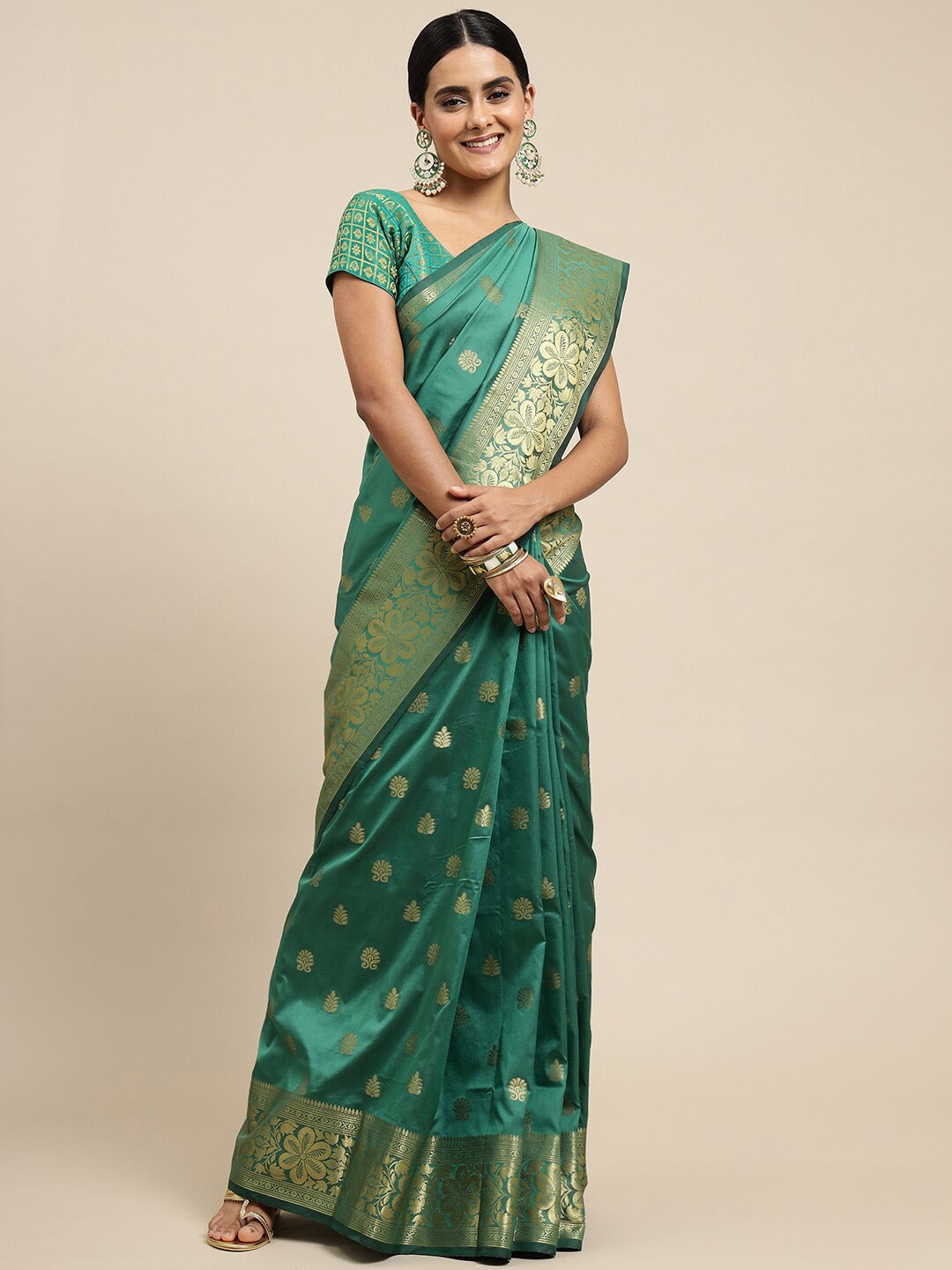 

Angroop Ethnic Motifs Woven Design Zari Detailed Banarasi Saree, Green