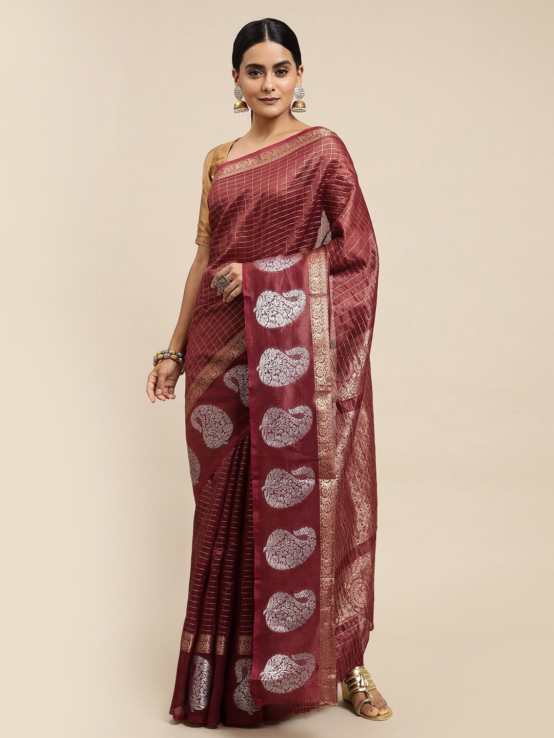 

Angroop Checked Zari Detailed Banarasi Saree, Brown