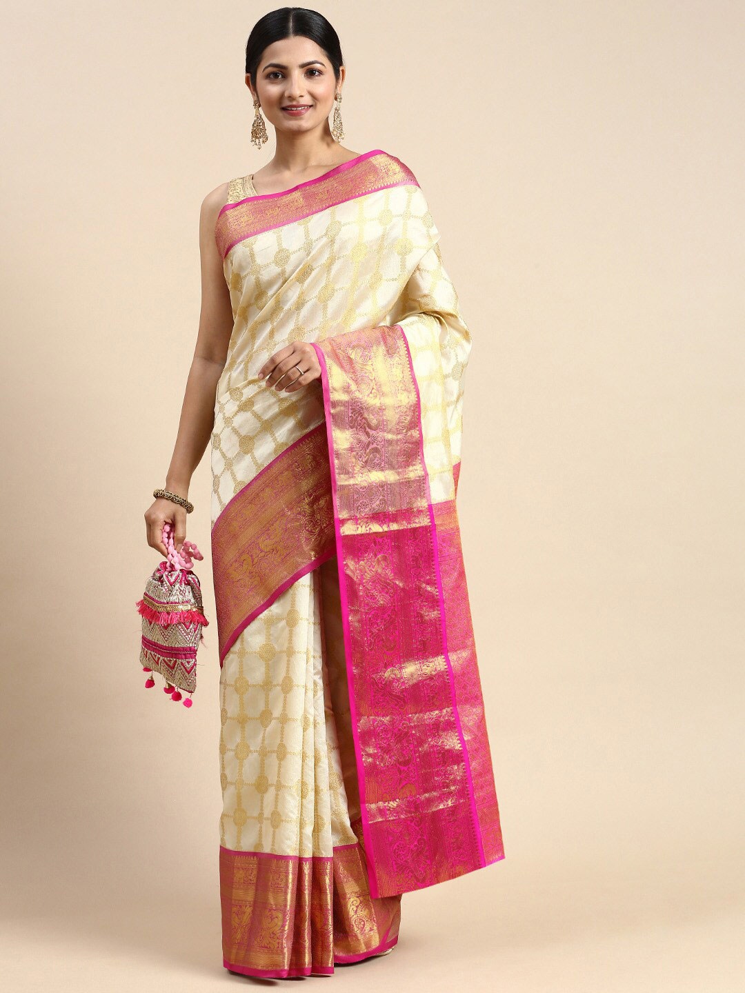 

Angroop Ethnic Motifs Woven Design Zari Detailed Banarasi Saree, Cream