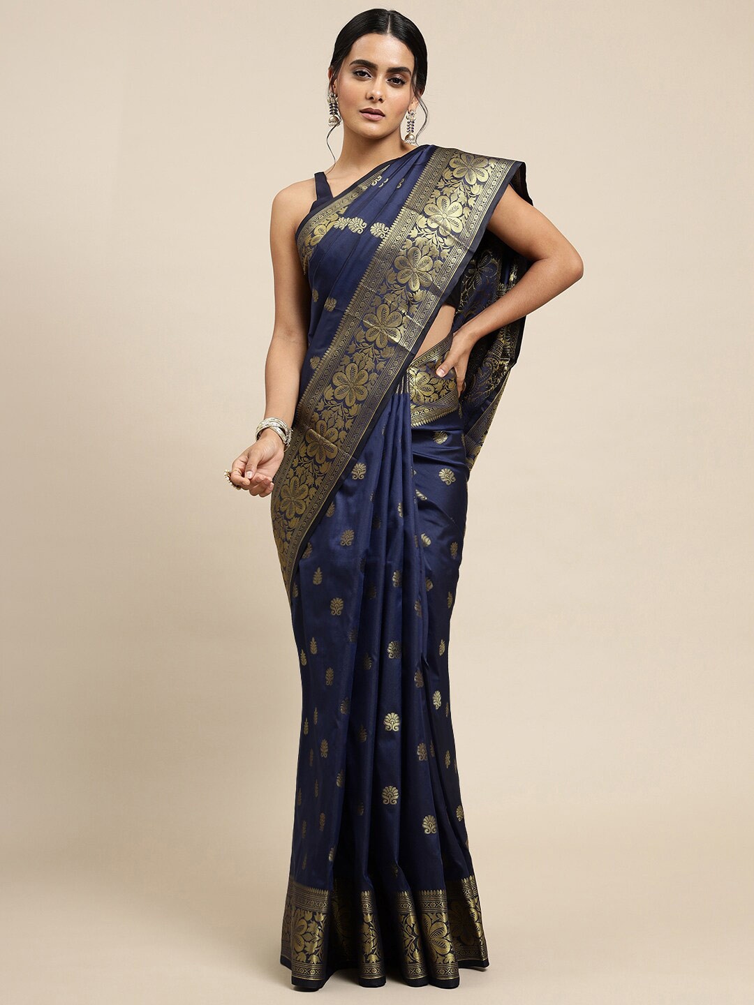 

Angroop Ethnic Motifs Woven Design Zari Detailed Banarasi Saree, Navy blue
