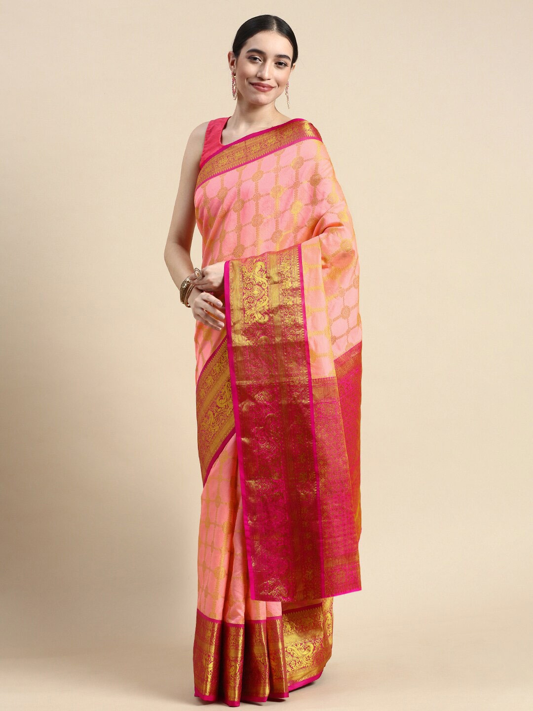 

Angroop Ethnic Motifs Woven Design Zari Detailed Banarasi Saree, Pink