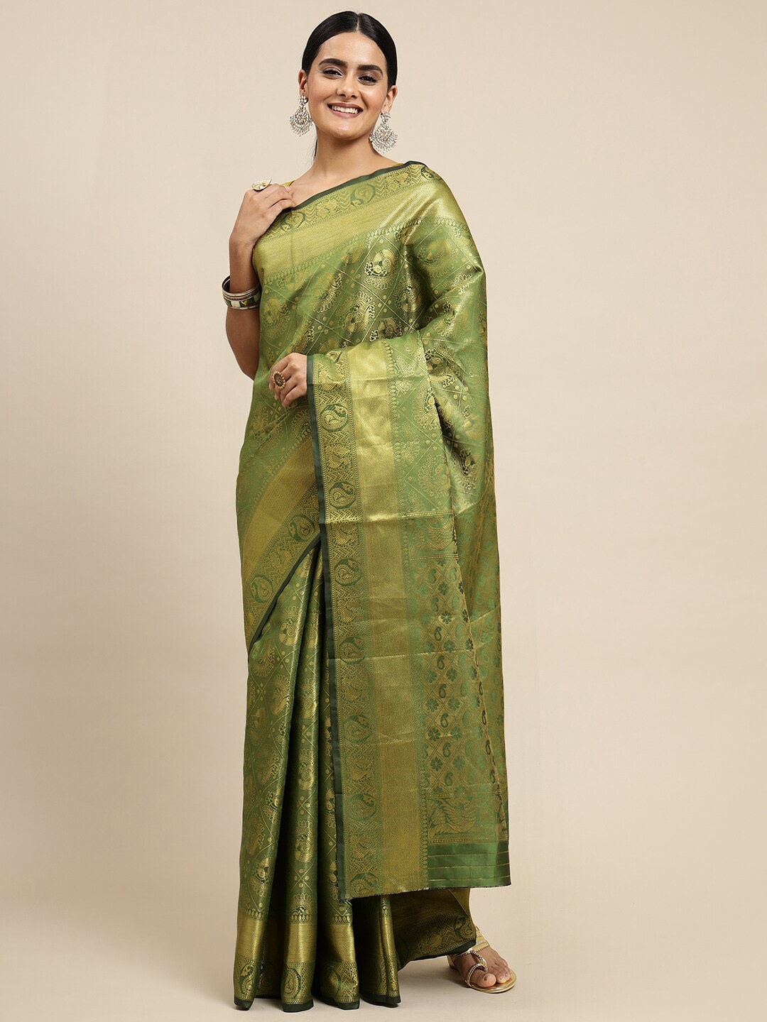 

Angroop Ethnic Motifs Woven Design Zari Saree, Green