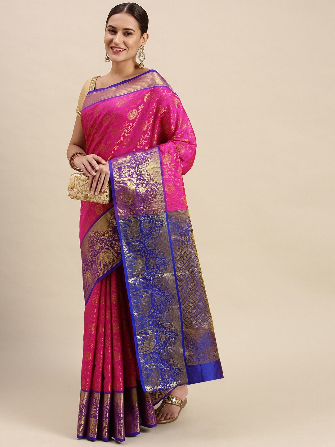 

Angroop Ethnic Motifs Woven Design Zari Saree, Pink