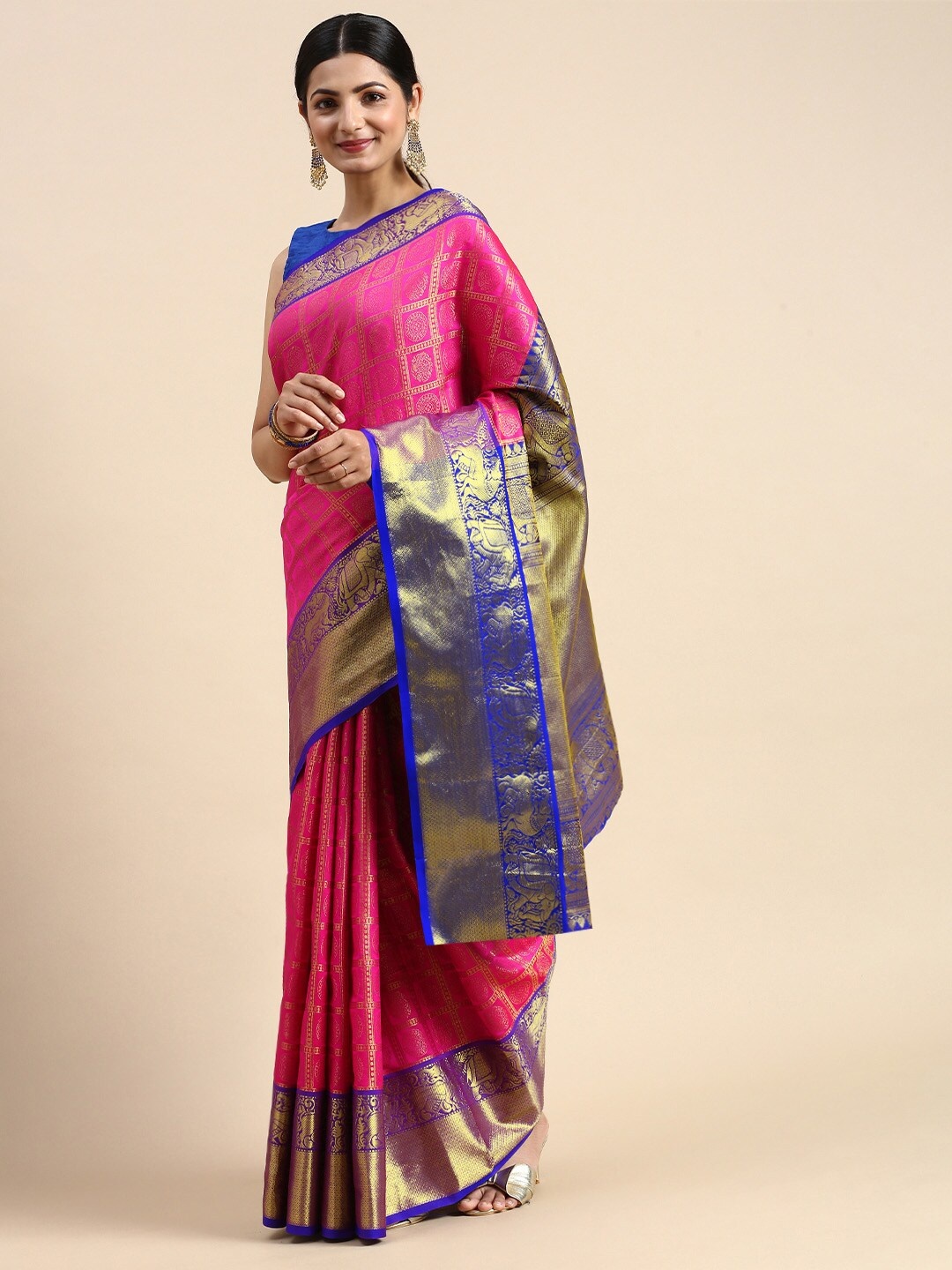 

Angroop Ethnic Motifs Woven Design Zari Saree, Pink