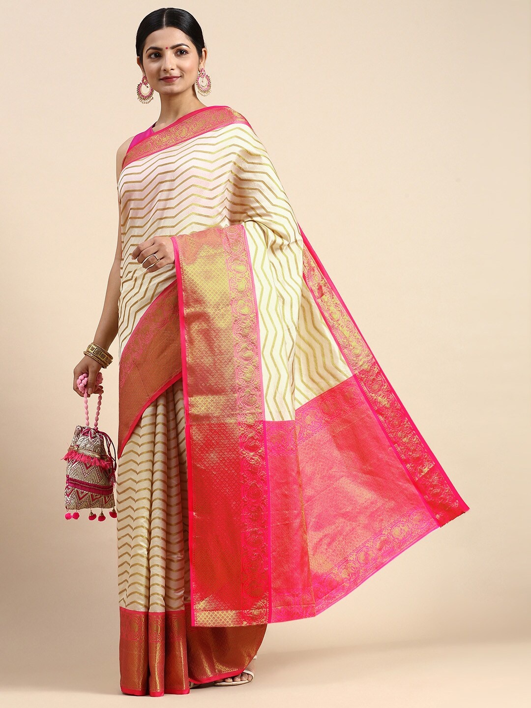 

Angroop Ethnic Motifs Woven Design Zari Saree, Cream