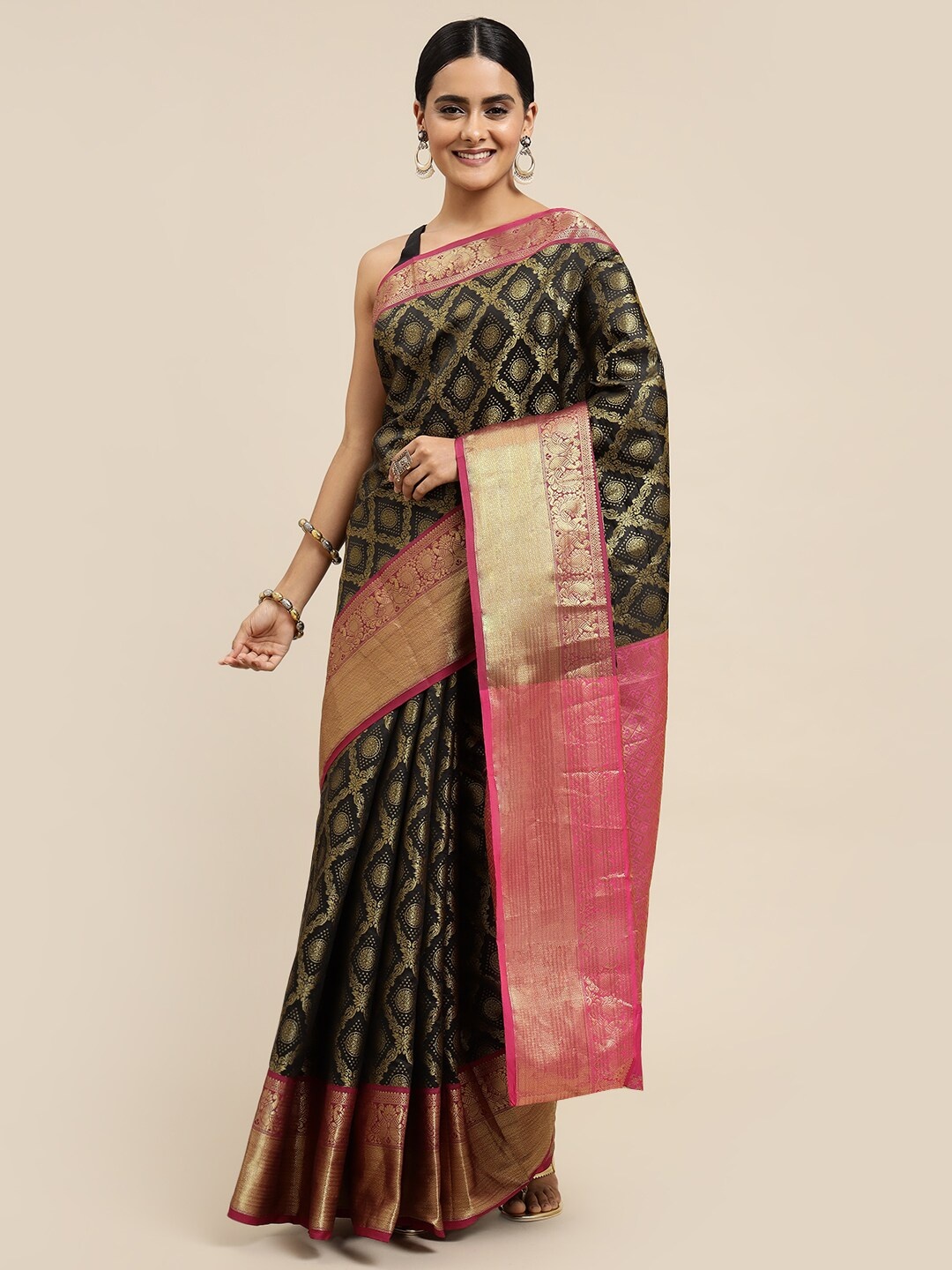 

Angroop Ethnic Motifs Woven Design Zari Saree, Black