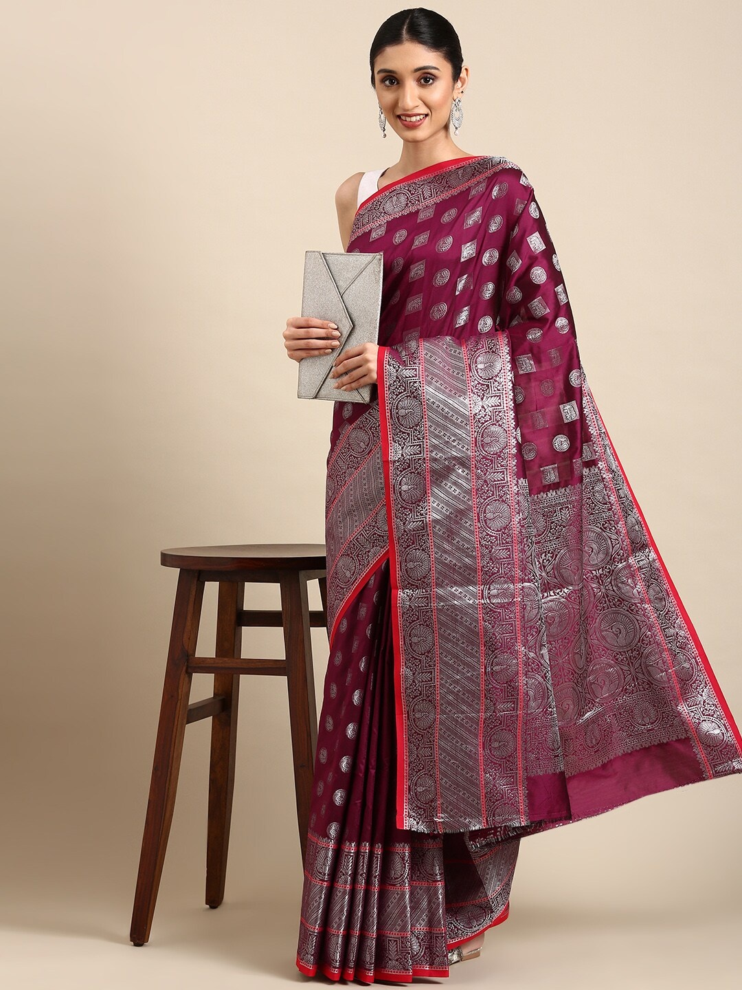 

Angroop Ethnic Motifs Woven Design Zari Saree, Burgundy