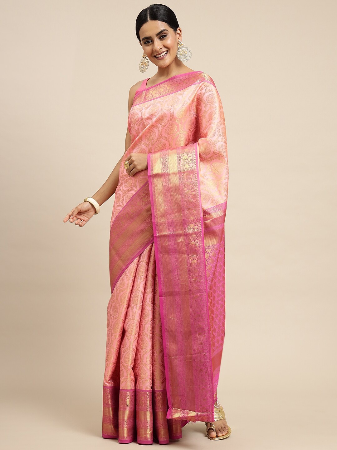 

Angroop Ethnic Motifs Woven Design Zari Saree, Pink