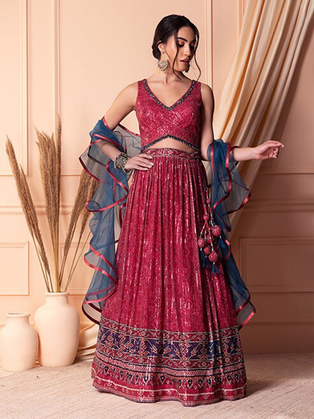 

Fusionic Sequin Embellished Lehenga & Blouse With Dupatta, Pink