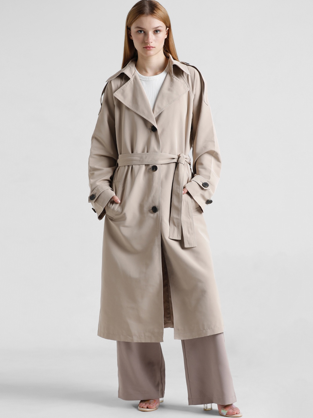 

ONLY Single-Breasted Trench Coat, Beige