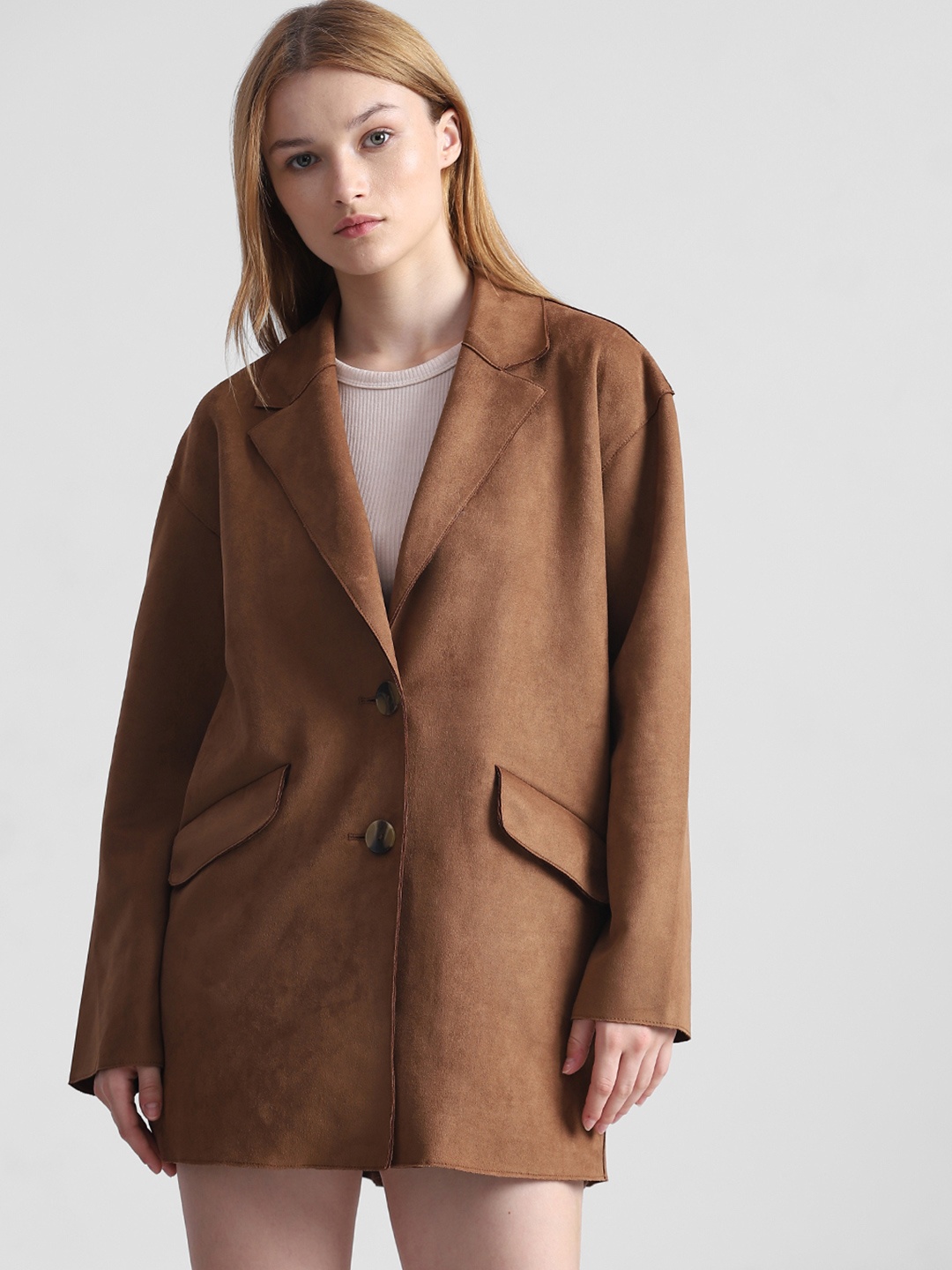 

ONLY Single-Breasted Suede Overcoat, Brown
