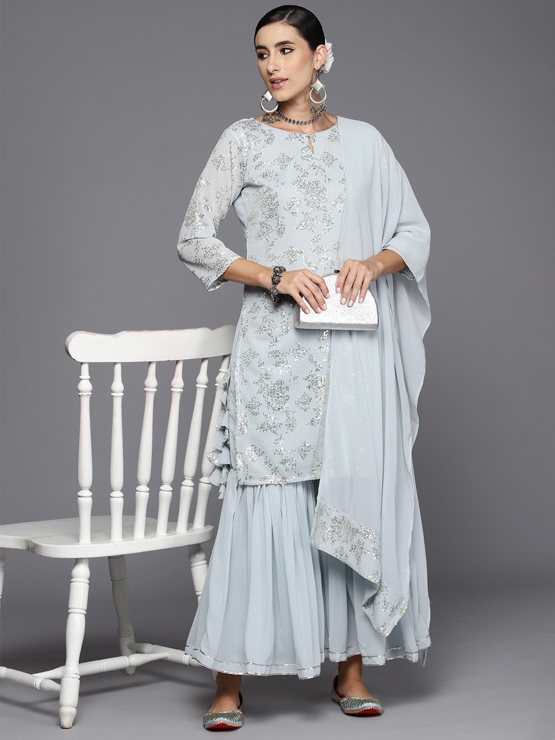 

Indo Era Women Embroidered Regular Sequinned Kurta with Sharara & With Dupatta, Blue