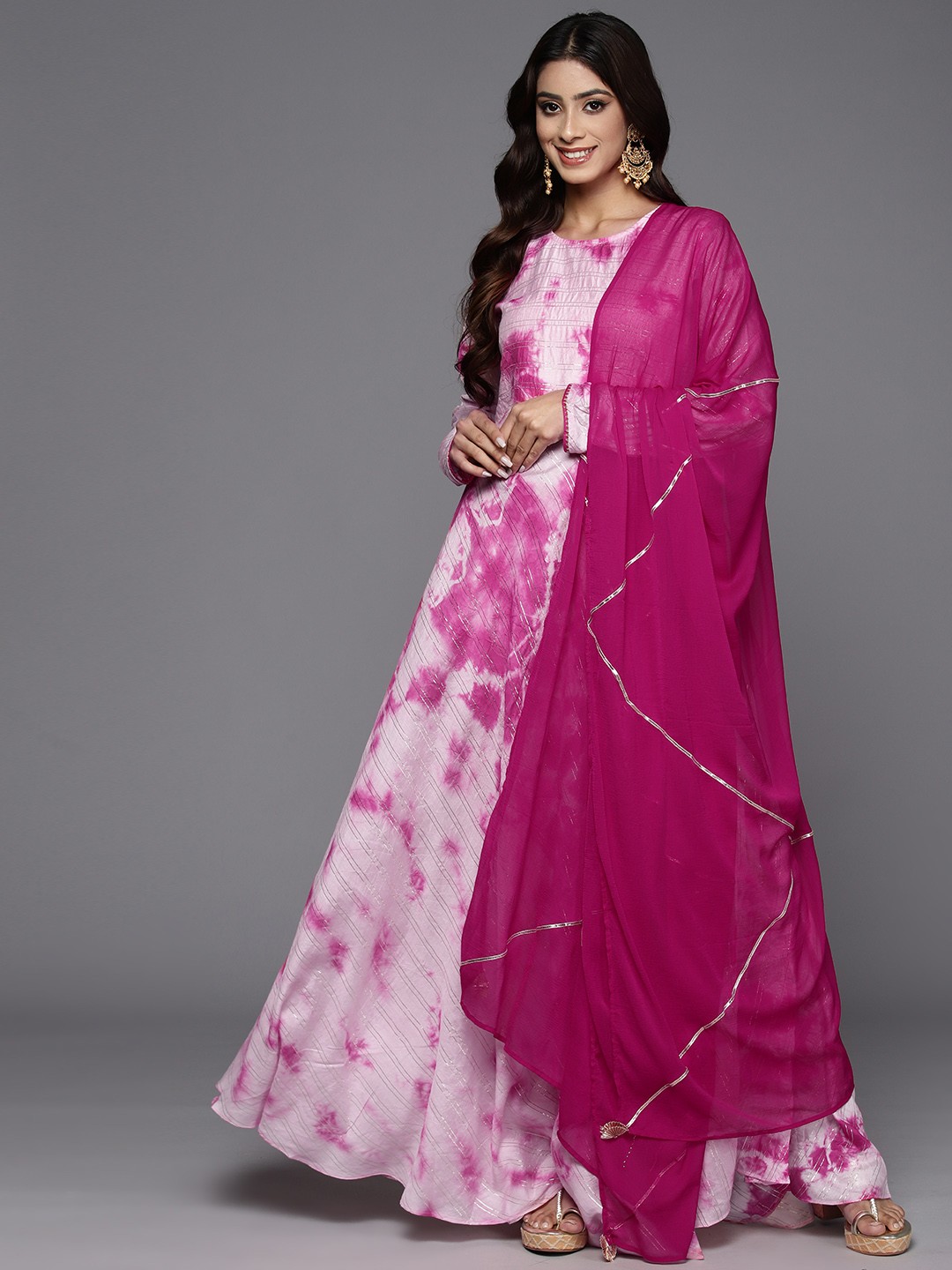 

Indo Era Women Dyed Satin Regular Kurta with Trousers & Dupatta, Pink