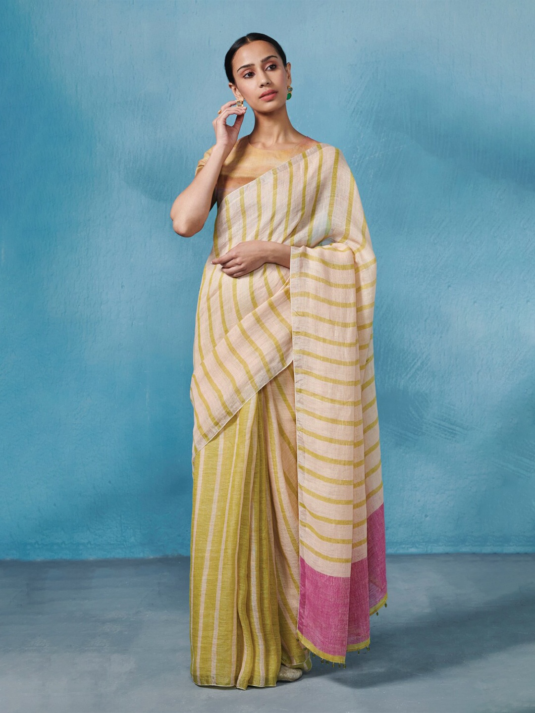 

Dressfolk Striped Pure Linen Half and Half Saree, Green