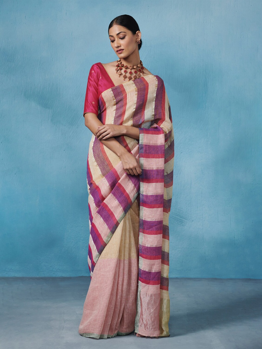 

Dressfolk Striped Woven Design Saree, Cream