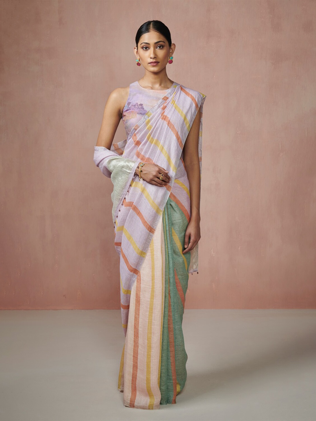 

Dressfolk Striped Half and Half Zari Saree, Green