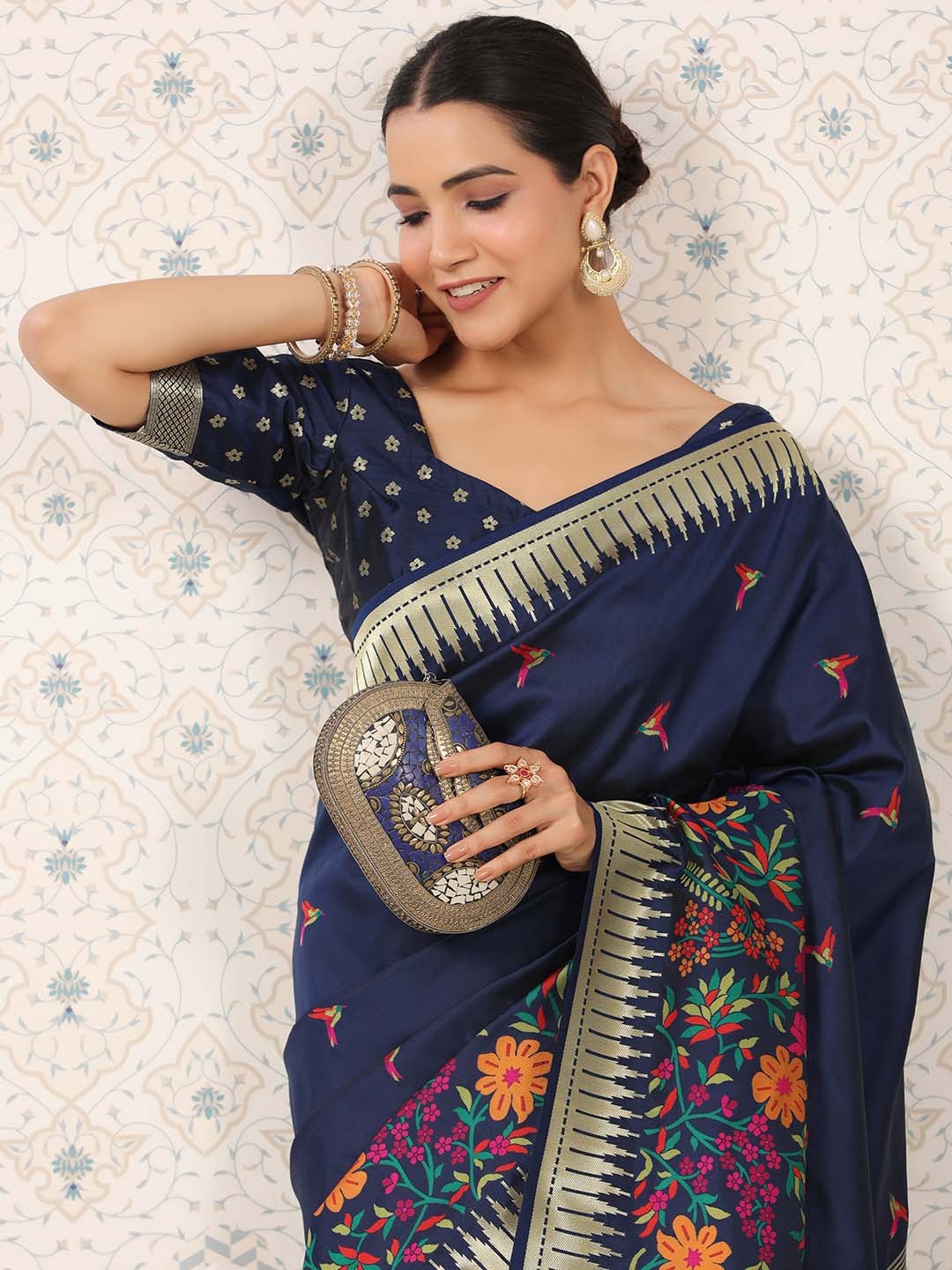 

Ode by House of Pataudi Ethnic Motifs Woven Design Zari Detail Banarasi Saree, Navy blue