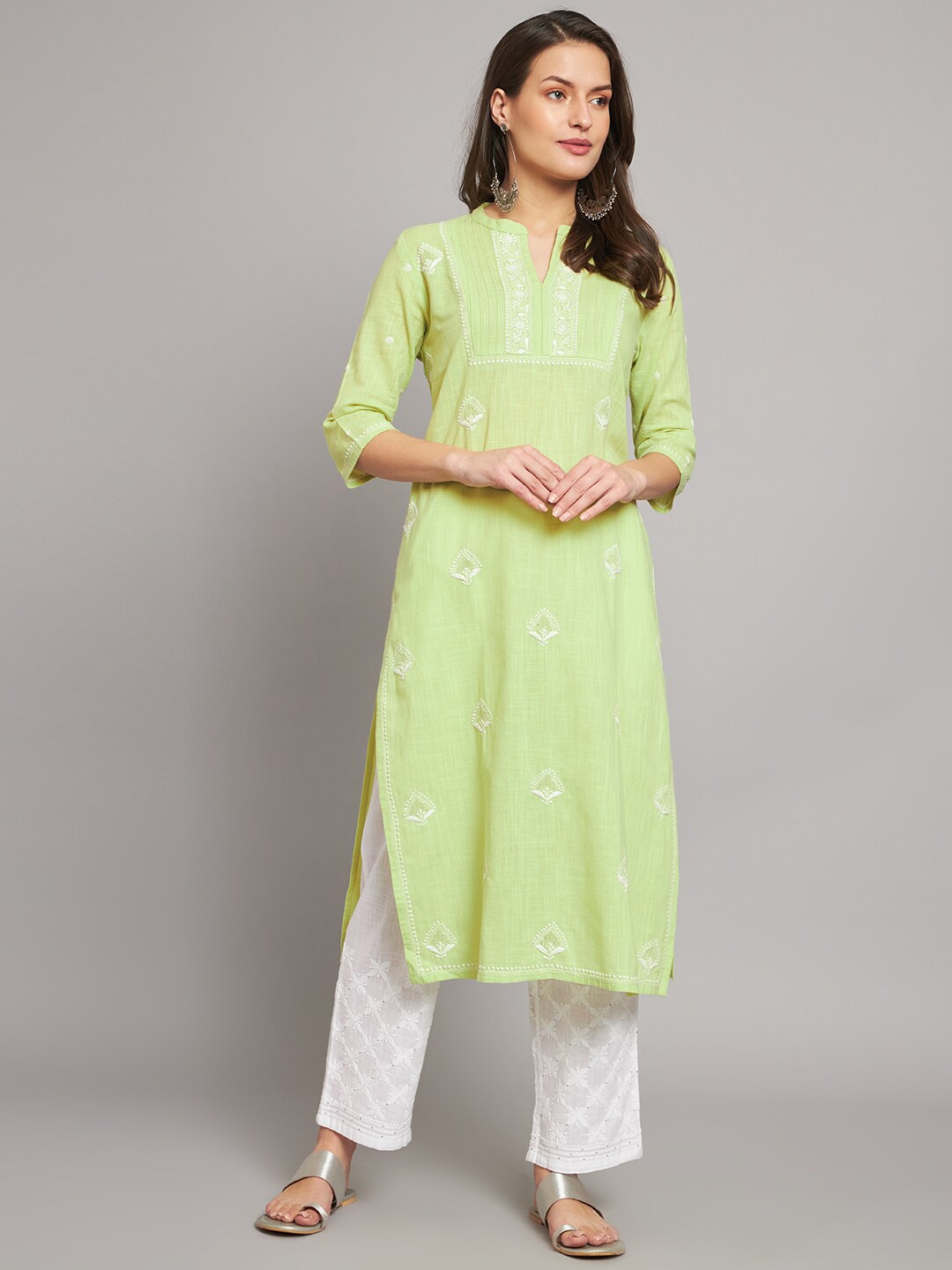 

akheri Ethnic Motifs Embroidered Mandarin Collar Chikankari Cotton Kurta, Lime green