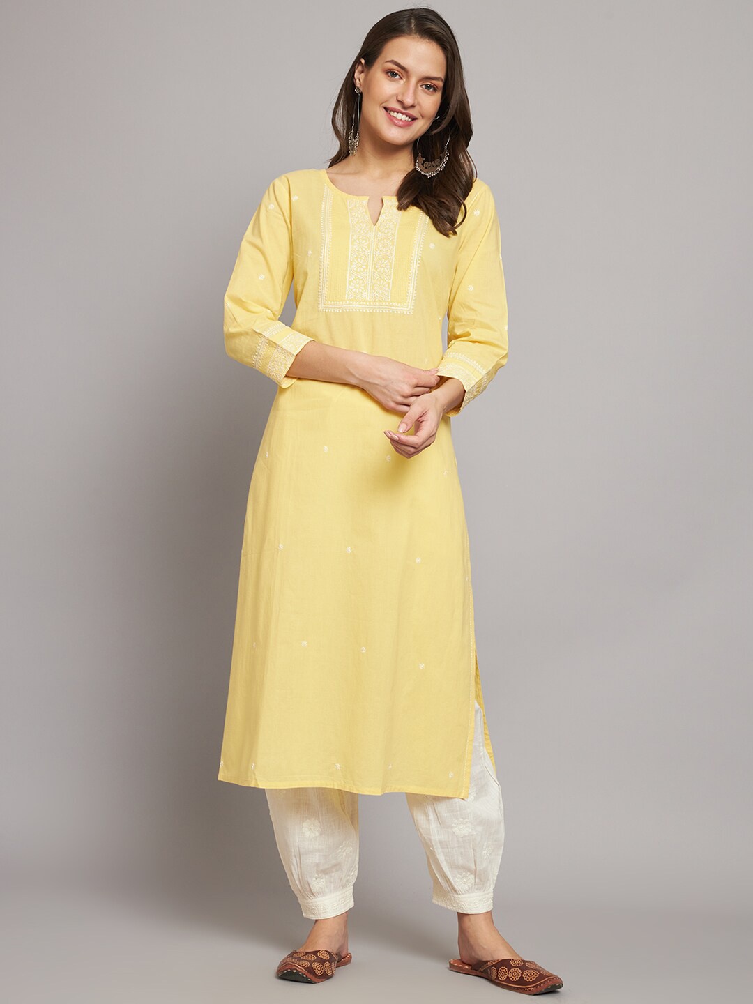 

akheri Ethnic Motifs Embroidered Chikankari Cotton Kurta, Yellow