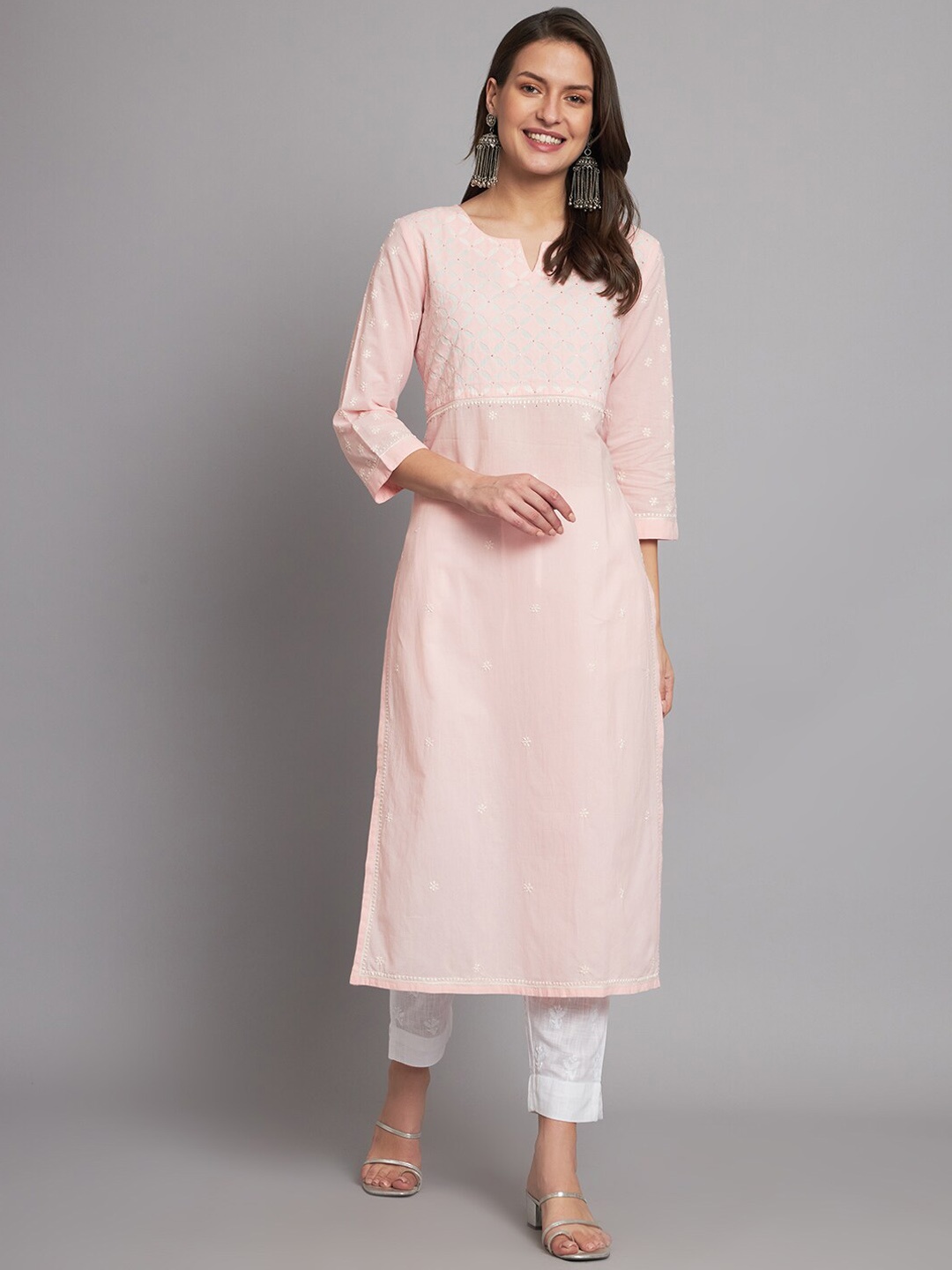 

akheri Ethnic Motifs Embroidered Chikankari Cotton Kurta, Pink