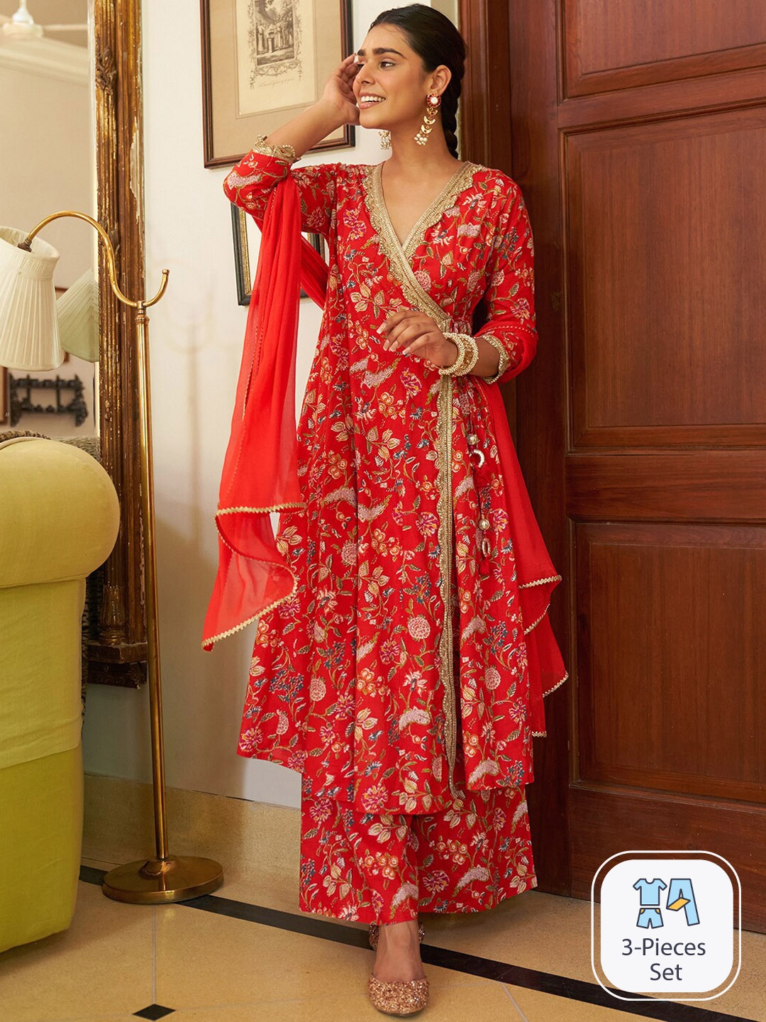 

Janasya Floral Printed Angrakha Gotta Patti Pure Cotton Kurta With Palazzos & Dupatta, Red