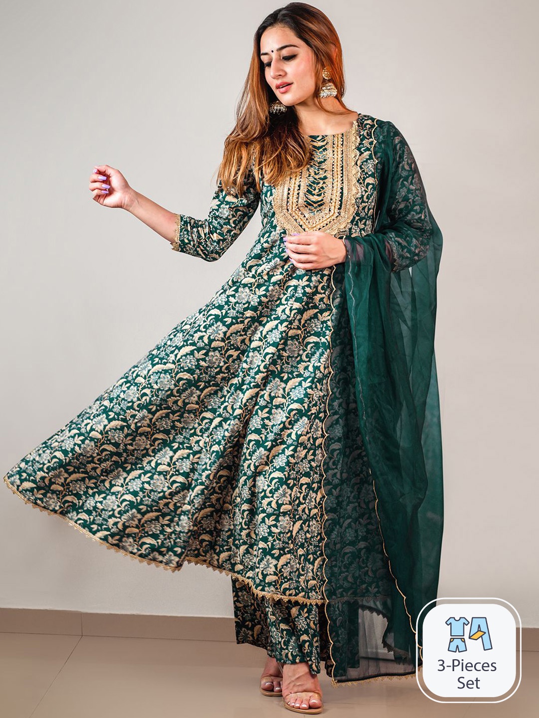 

Janasya Women Floral Foil Print Gotta Patti Cotton Anarkali Kurta with Palazzo & Dupatta, Teal