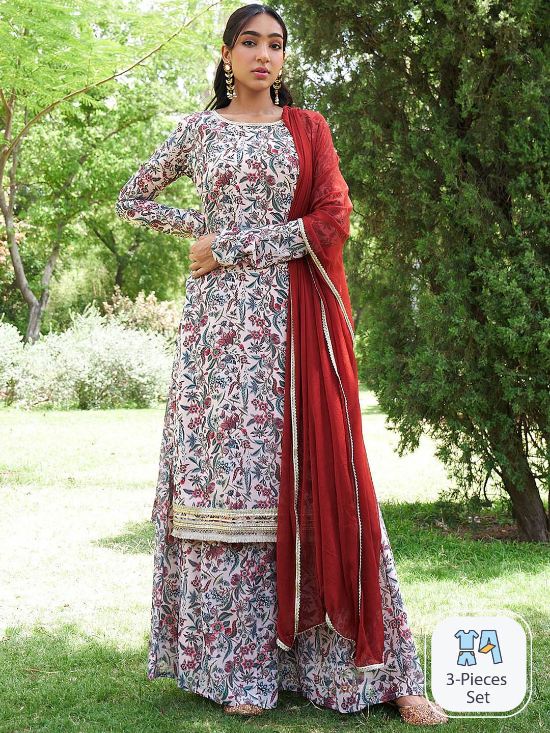 

Janasya Georgette Digital Floral Printed Kurta with Palazzo and Dupatta, Beige