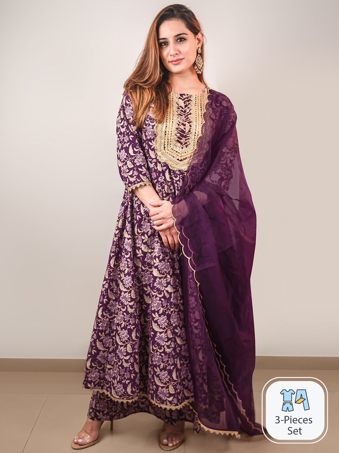 

Janasya Floral Printed Gotta Patti Pure Cotton Anarkali Kurta With Palazzos & Dupatta, Violet