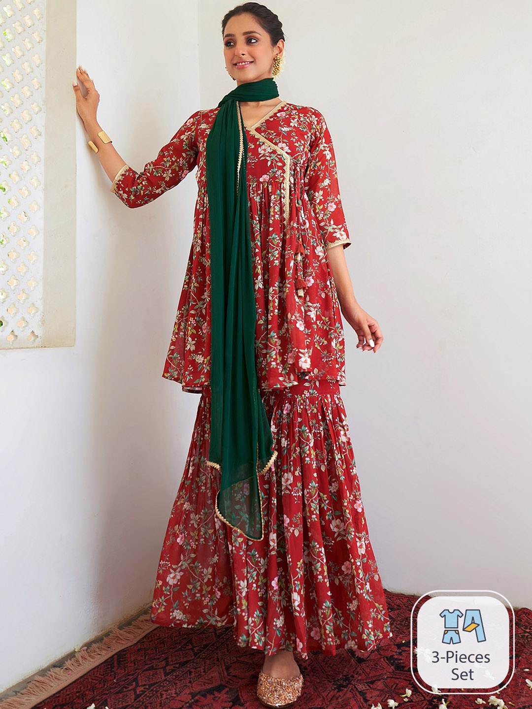 

Janasya Floral Printed Angrakha Anarkali Kurta with Sharara & Dupatta, Maroon