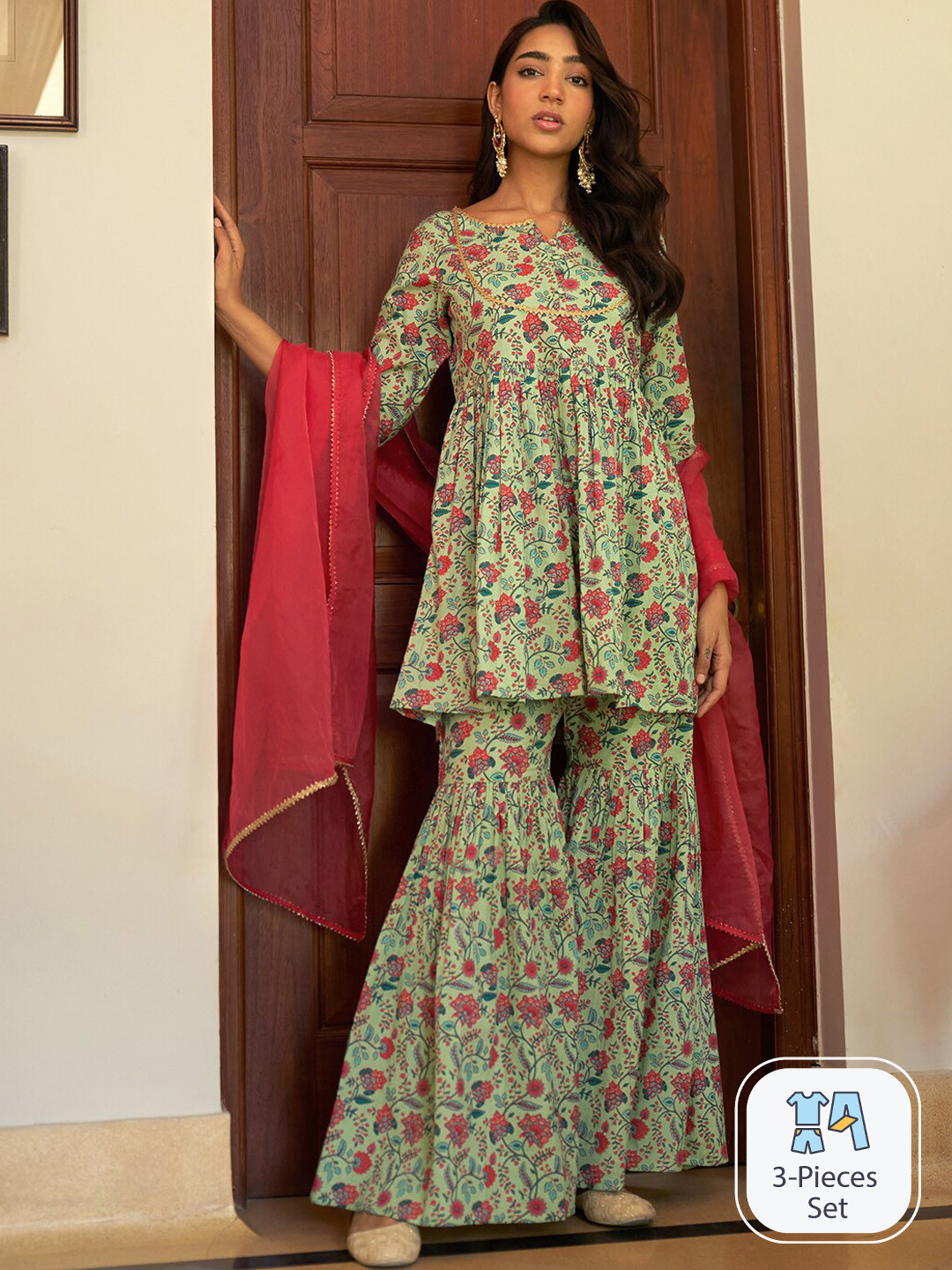 

Janasya Floral Printed Empire Gotta Patti Cotton A-Line Kurta With Sharara And Dupatta, Green