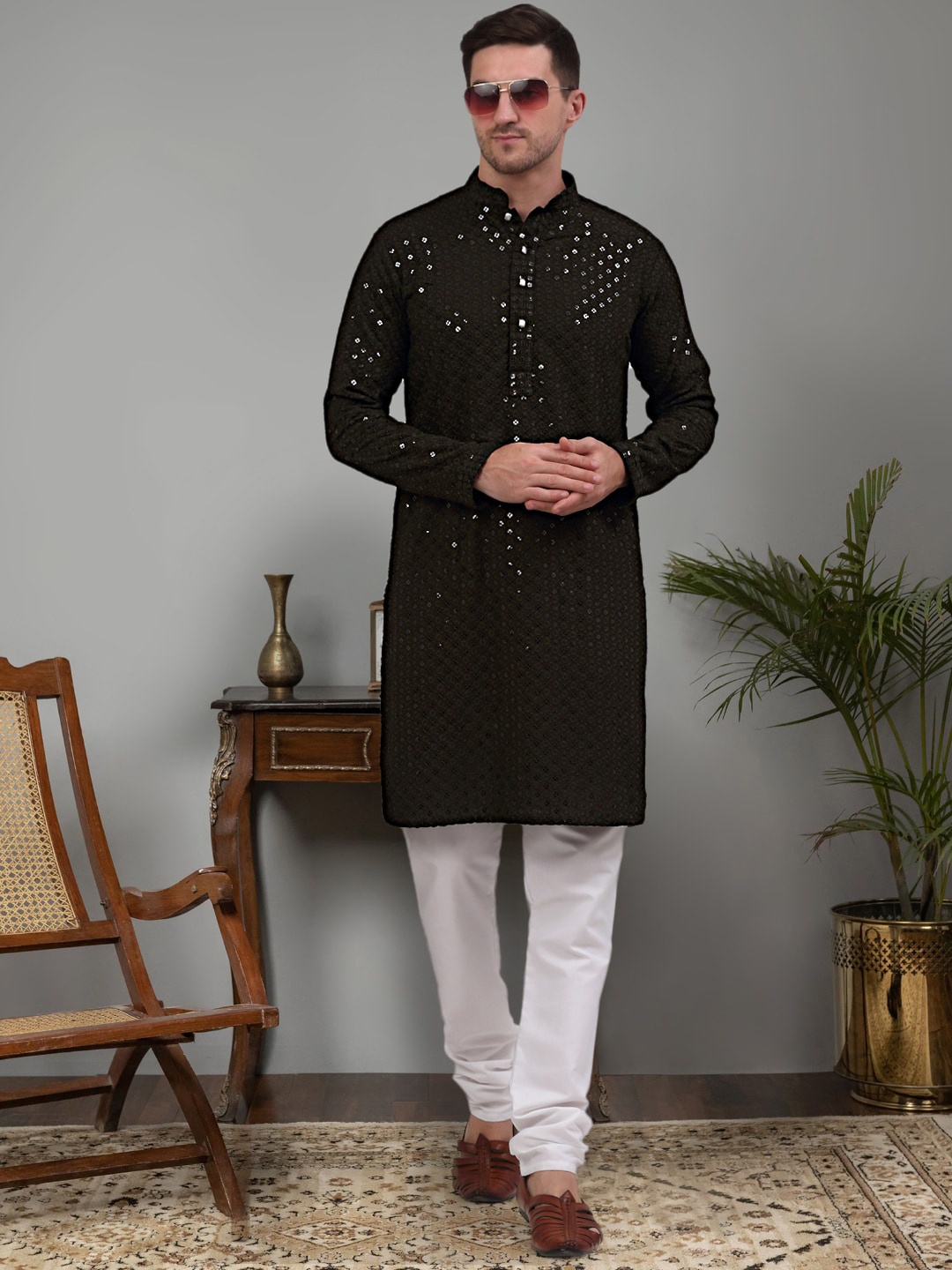 

Jompers Floral Embroidered Chikankari Pure Cotton Kurta with Churidar, Olive