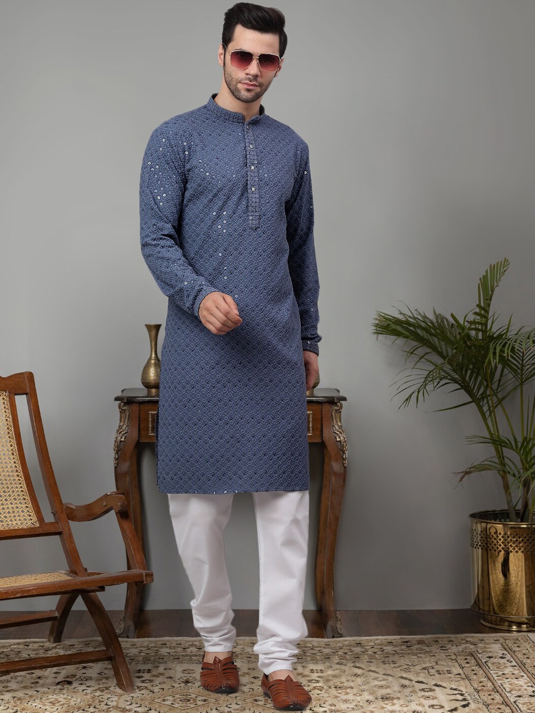 

Jompers Floral Embroidered Chikankari Pure Cotton Kurta with Churidar, Blue