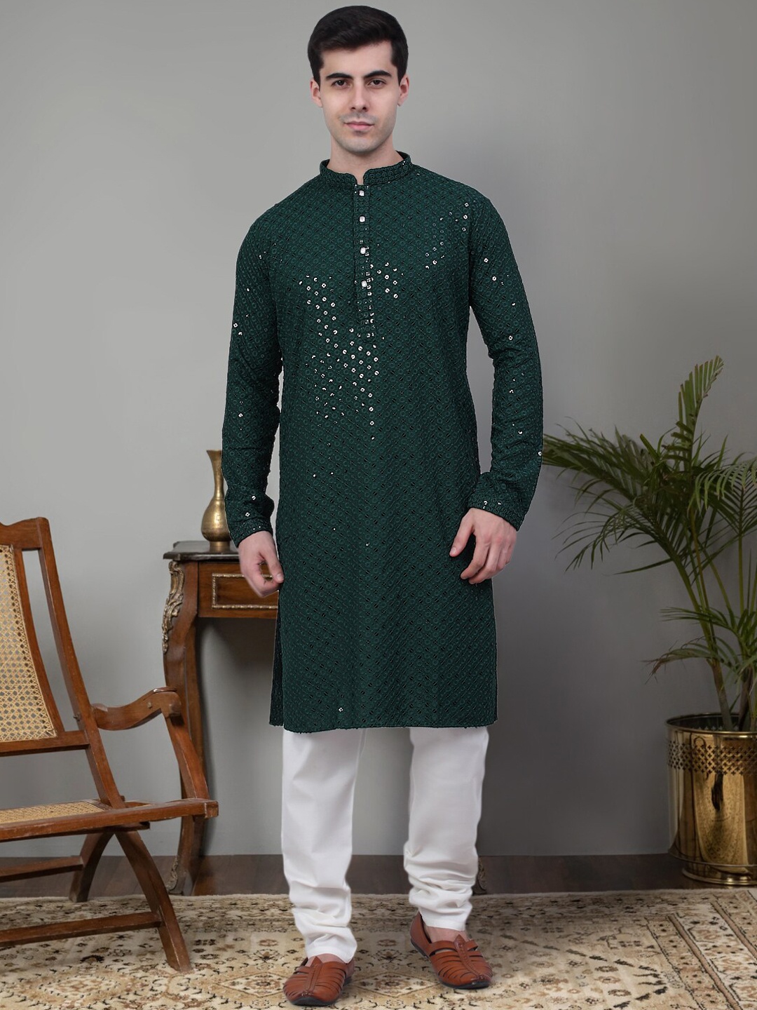 

Jompers Ethnic Motifs Chikankari Embroidered Sequinned Pure Cotton Kurta With Churidar, Green