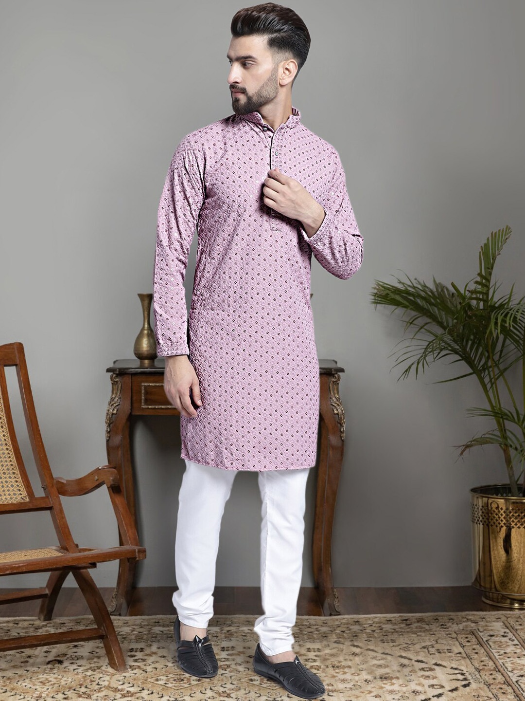 

Jompers Floral Chikankari Embroidered Sequinned Pure Cotton Kurta With Churidar, Purple