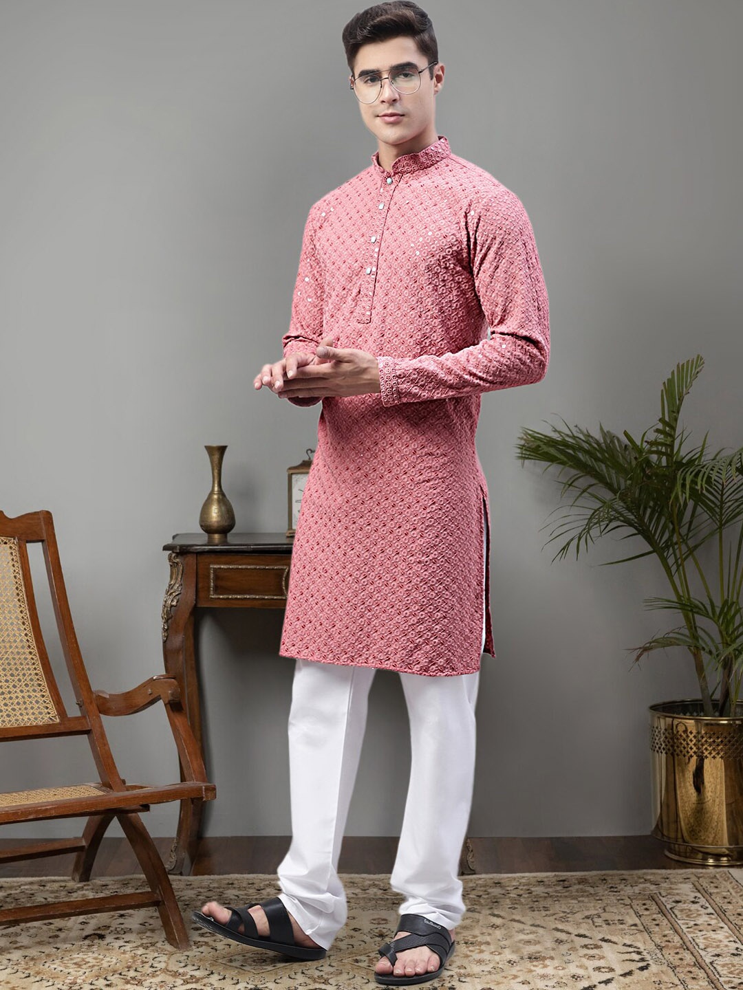 

Jompers Floral Embroidered Chikankari Pure Cotton Kurta with Churidar, Pink