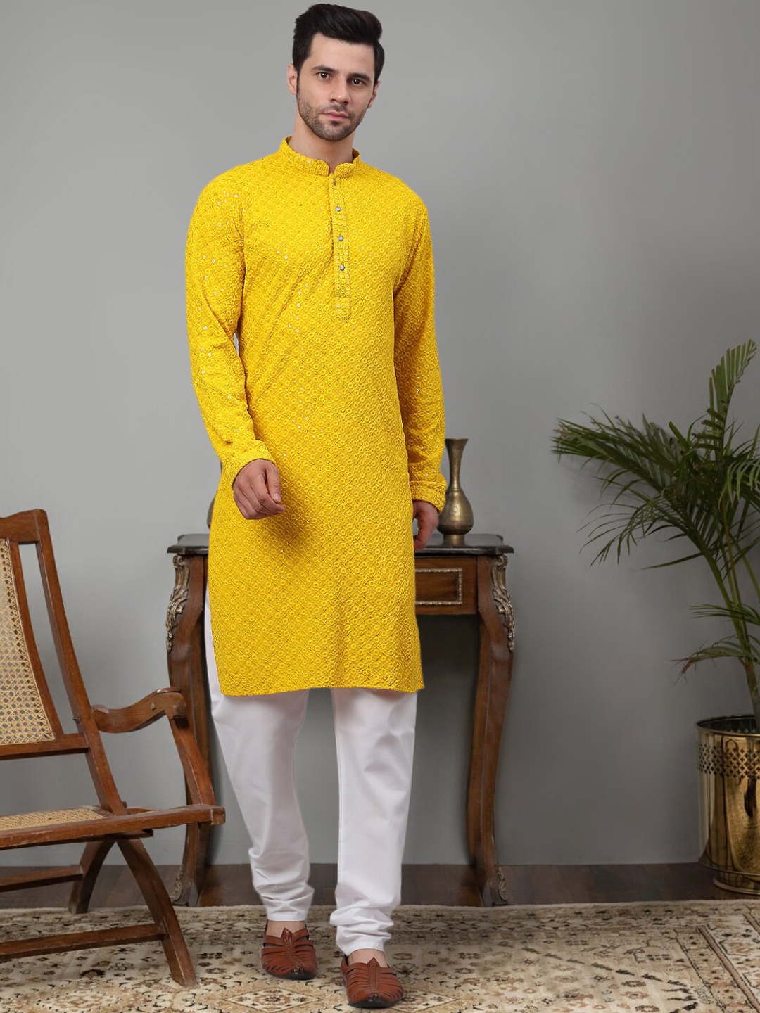 

Jompers Floral Embroidered Chikankari Pure Cotton Kurta with Churidar, Yellow