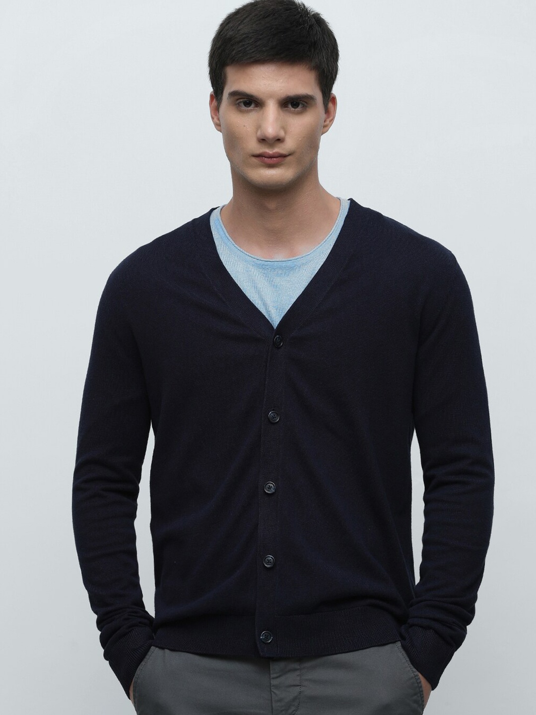 

SELECTED V-Neck Ribbed Pure Cotton Cardigan, Navy blue