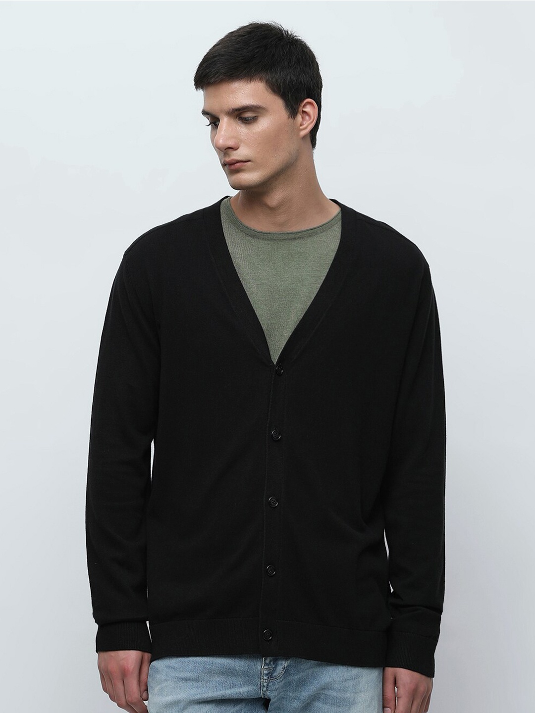 

SELECTED V-Neck Pure Cotton Cardigan Sweaters, Black