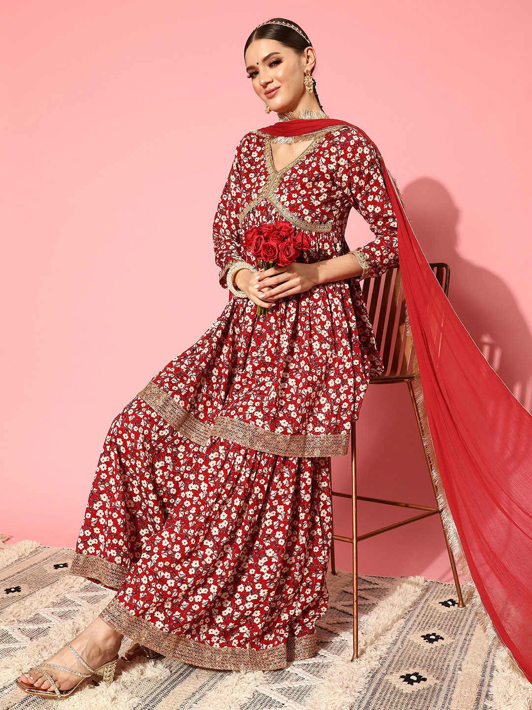 

Varanga Floral Printed Empire Sequinned Silk Crepe Kurti with Sharara & Dupatta, Red