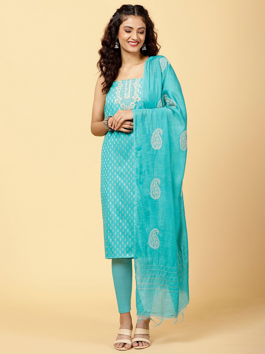 

Meena Bazaar Ethnic Motifs Woven Design Embroidered Unstitched Dress Material, Blue