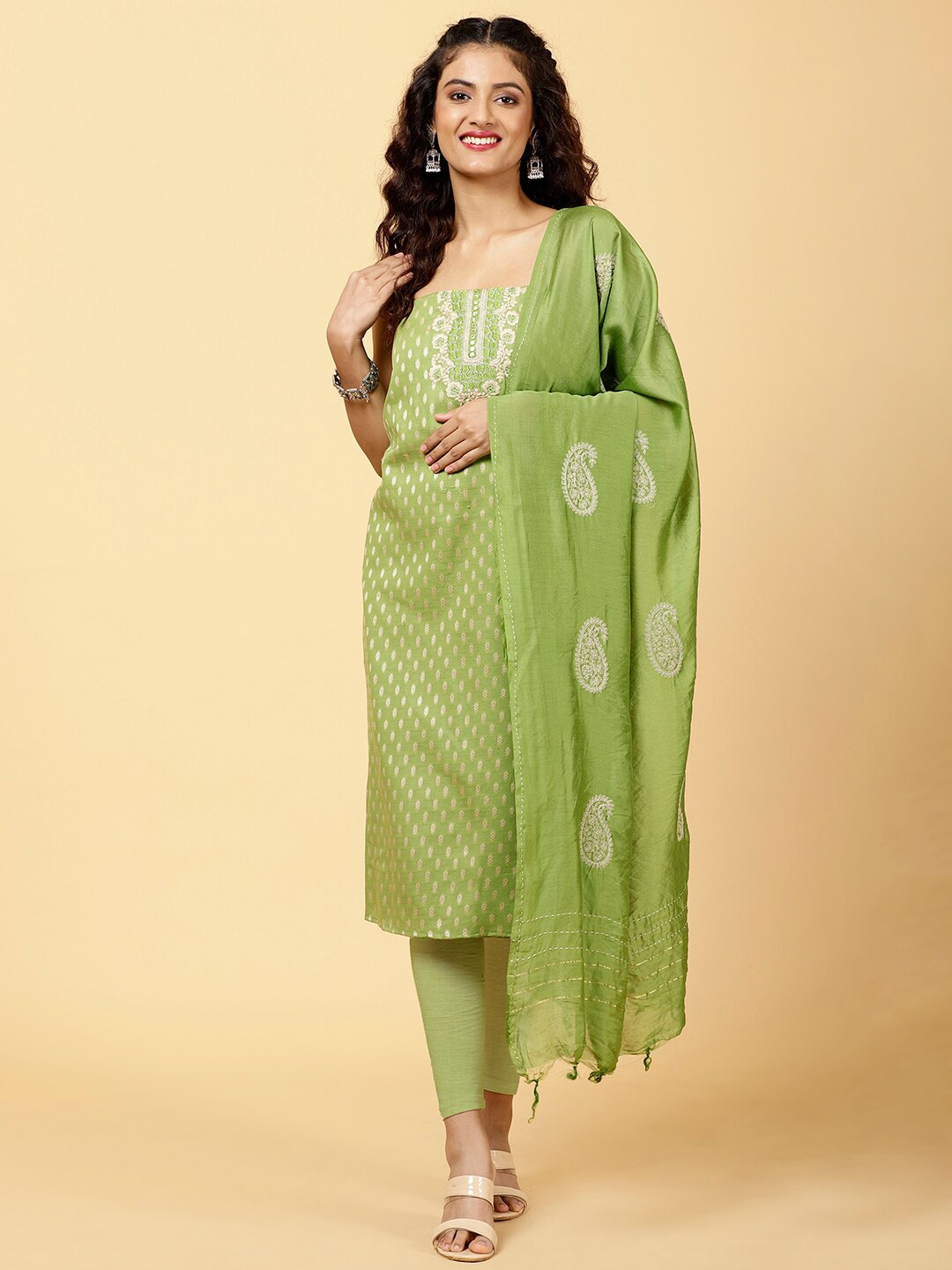 

Meena Bazaar Paisley Woven Design Unstitched Dress Material, Green