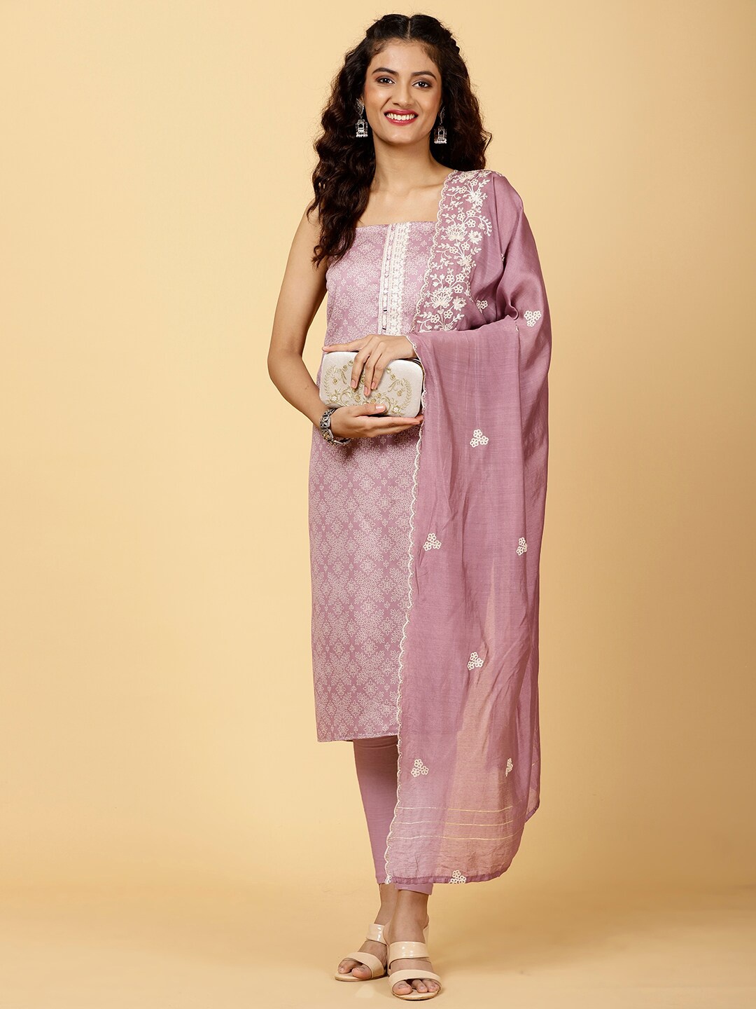 

Meena Bazaar Ethnic Motifs Printed Mirror Work Unstitched Dress Material, Purple