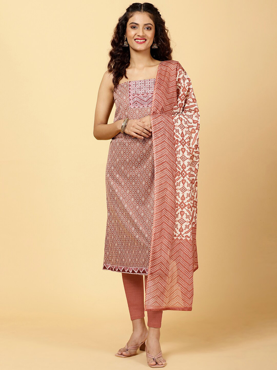 

Meena Bazaar Geometric Printed Mirror Work Unstitched Dress Material, Rust