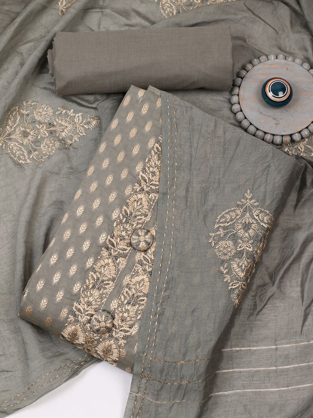 

Meena Bazaar Ethnic Motifs Woven Design Unstitched Dress Material, Grey
