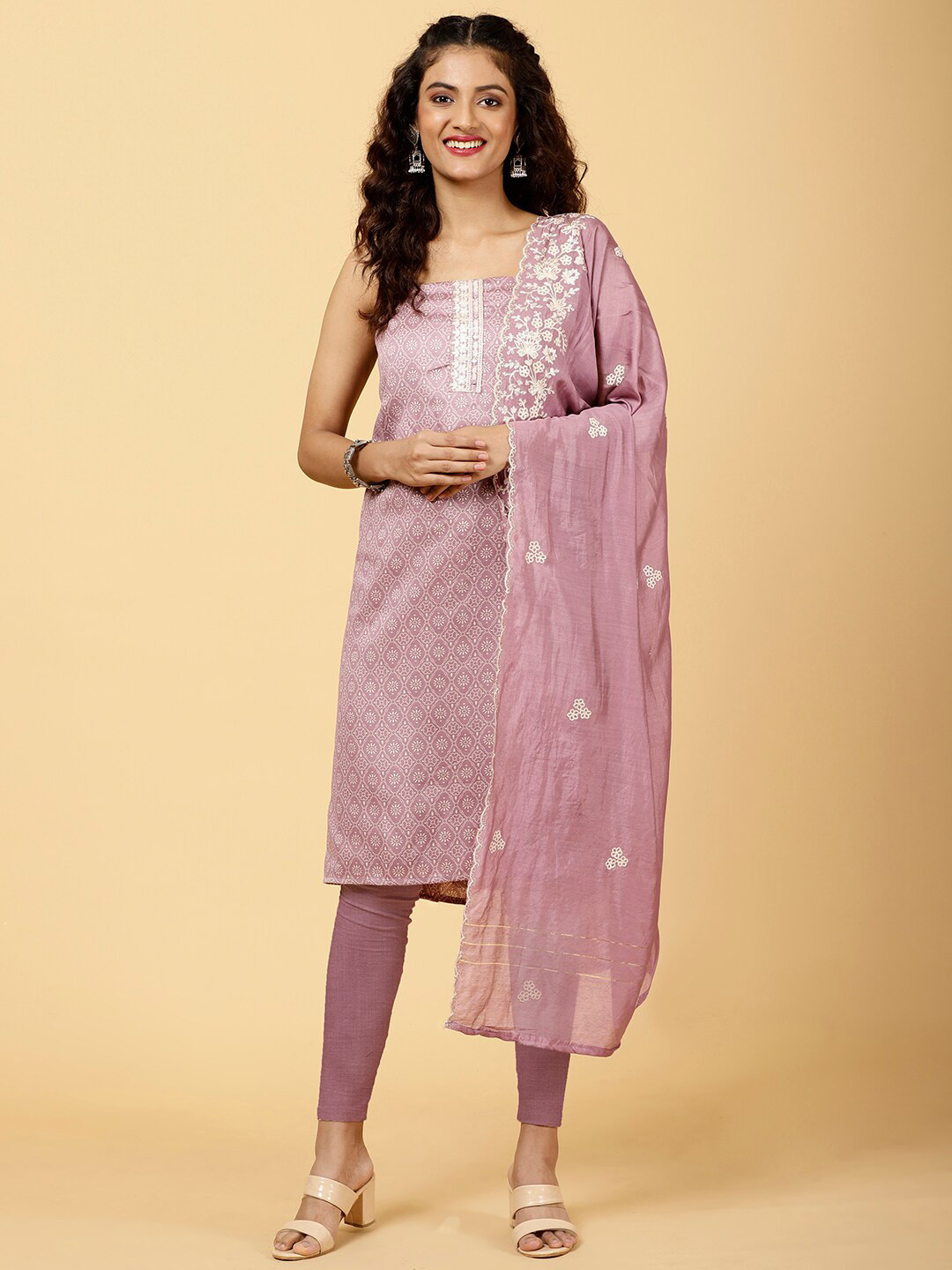 

Meena Bazaar Ethnic Motifs Printed Thread Work Unstitched Dress Material, Purple