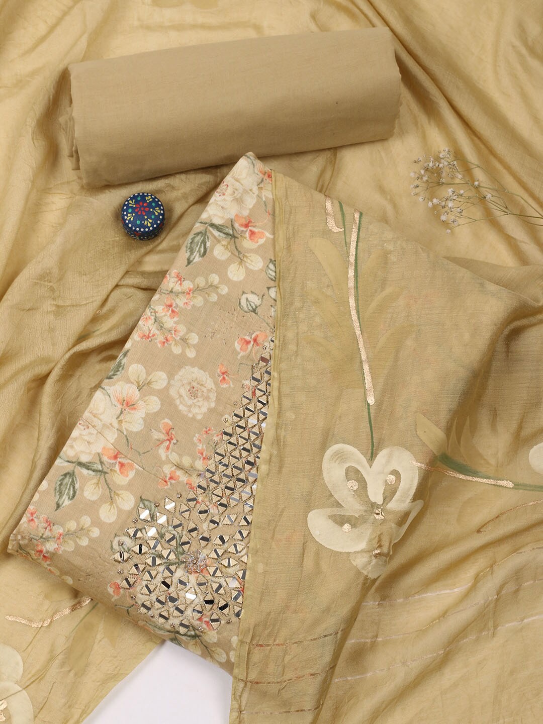 

Meena Bazaar Floral Printed Thread Work Unstitched Dress Material, Beige